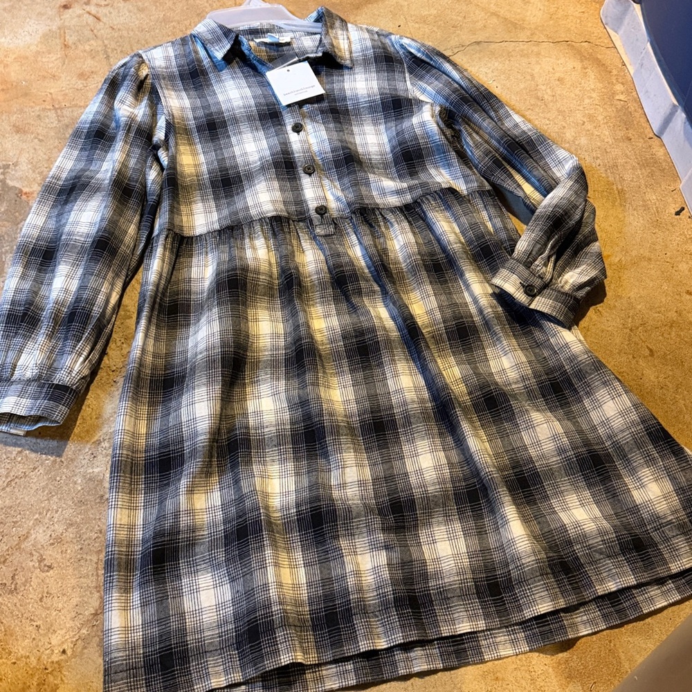 Beach lunch lounge black white Plaid FLANNEL button SHIRT DRESS New women’s MED